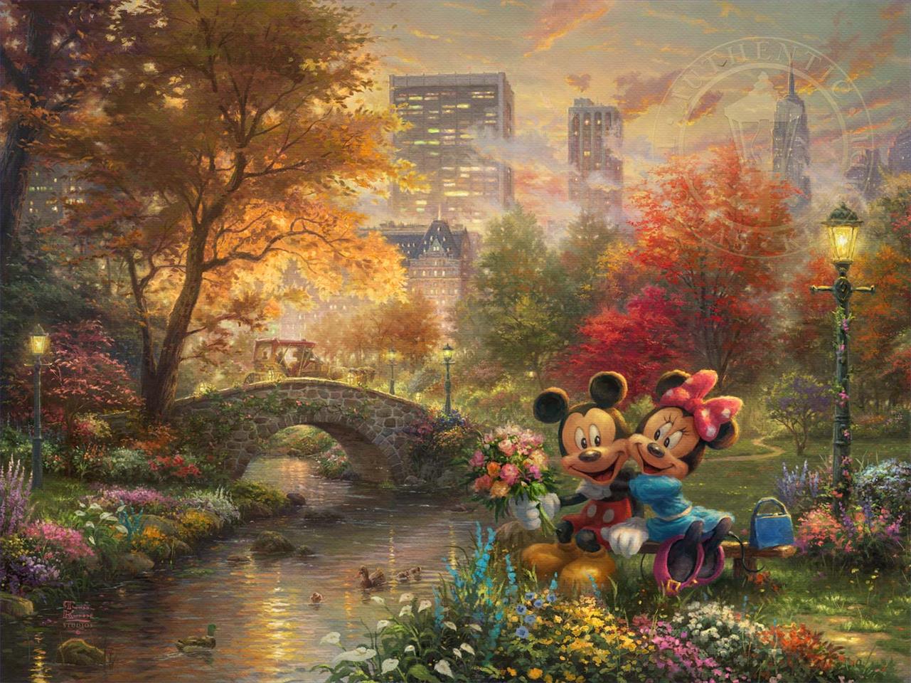 Mickey et Minnie Sweetheart Central Park Thomas Kinkade Peintures à l'huile